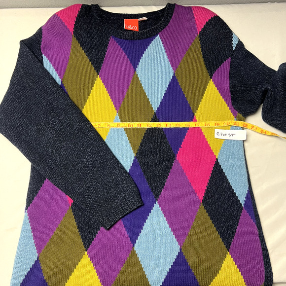 Vtg Liz & Co Medium 90's Retro Sweater Diamond Argyle Multicolor Festival Preppy - Picture 6 of 11